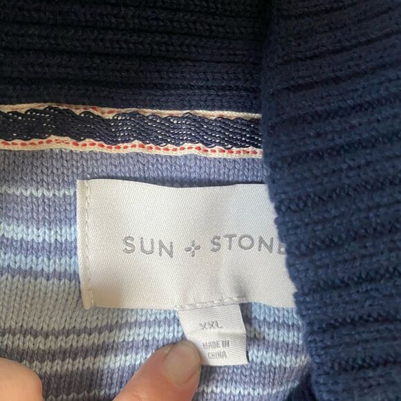 SUN + STONE
Men's Deacon Horizontal Striped Shawl Sweater XXL Basic Navy Nwot - Picture 5 of 7